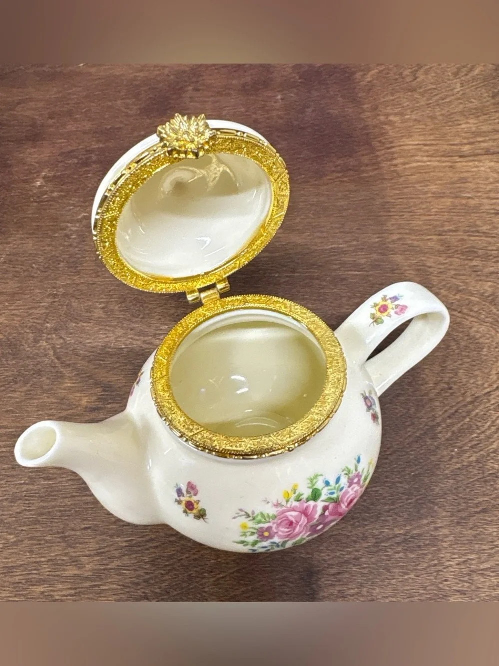Top Treasure Collections Cream Floral Ceramic Teapot Trinket Box with Gold Trim